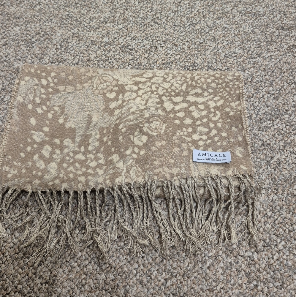 Amicale Tan Patterned 100% Silk Scarf